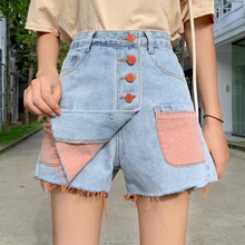 Летние прямые джинсы на пуговицах в Корейском стиле, модные брендовые свободные штаны с высокой талией, женские повседневные шорты с карманами в стиле пэчворк, новинка