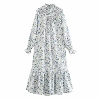 

women elegant elastic ruffles stand collar printing casual straight midi dress female pleats vestidos chic party dresses DS3429