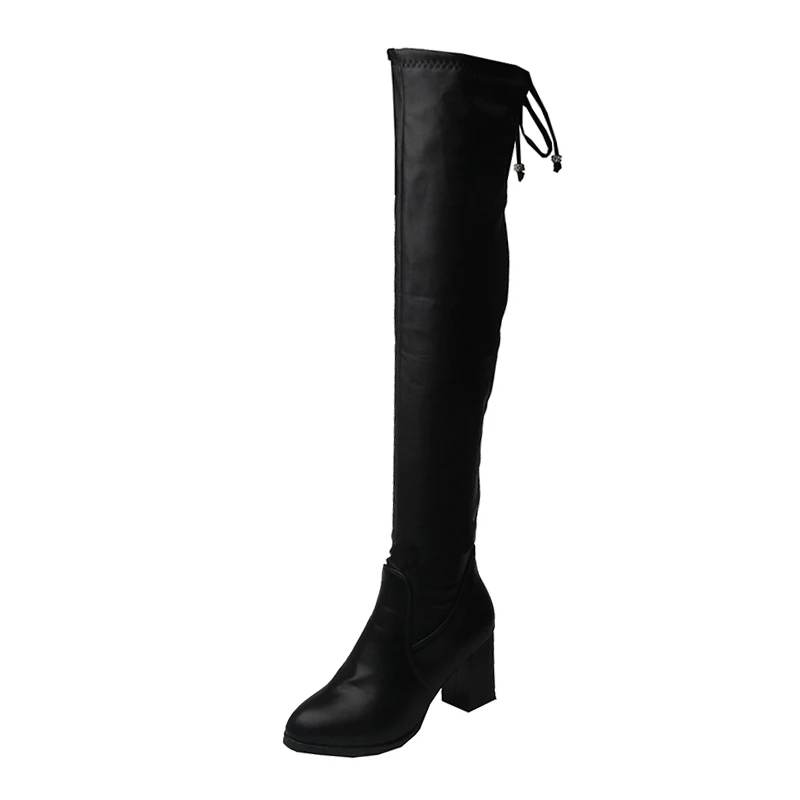 Taoffen Slim Thigh High Boots Women Solid Color High Heels Shoes Winter Warm Long Boots Women Over The Knee Boots Size 35-40 - Цвет: Черный