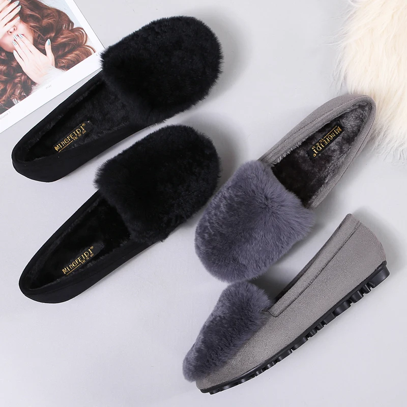 Winter Shoes Woman Flats Rabbit Fluffy Fur Faux Suede Leather Warm Loafers Soft Sole Roll Egg Peas Ballet Flat Mother Shoes