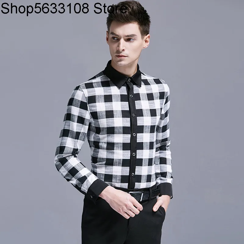 

Black And White Grid Shirt Male Autumn Comfortable Breathable Check Pattern Long Sleeve Top 1135