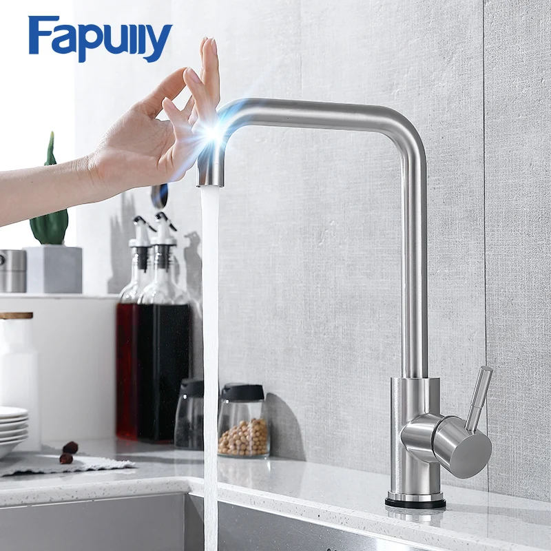 Fapully Stainless Steel Touch Control Kitchen Faucets Nickel Smart Sensor Kitchen Mixer Touch Faucet for Kitchen Sink Taps 1128