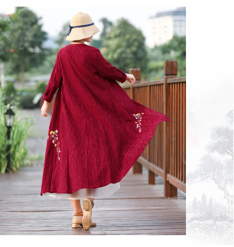 Autumn Clothing New Style Jacquard Embroidered Cotton Linen Retro Cardigan Elegant Large Size Mid-length Women's
