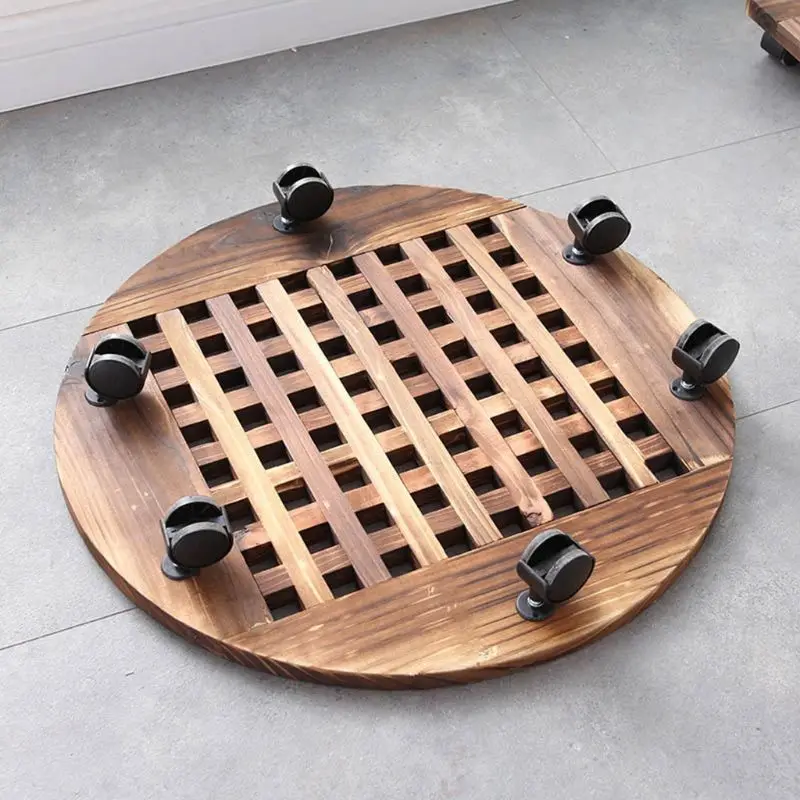 Flower Vase Pot Wooden Plant Caddy Stand with Rolling Wheel Moving Tray Roller