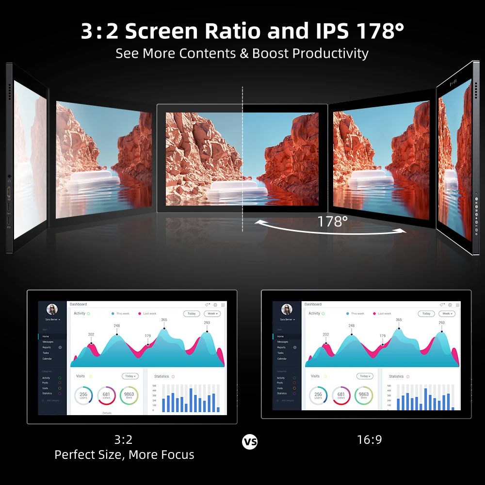 UPERFECT 12.3 ġ ġ ũ ÷, Ǯ HD 1920  1280 ޴ , MiniHD  USB C Ÿ ÷  ÷ IPS  ũ