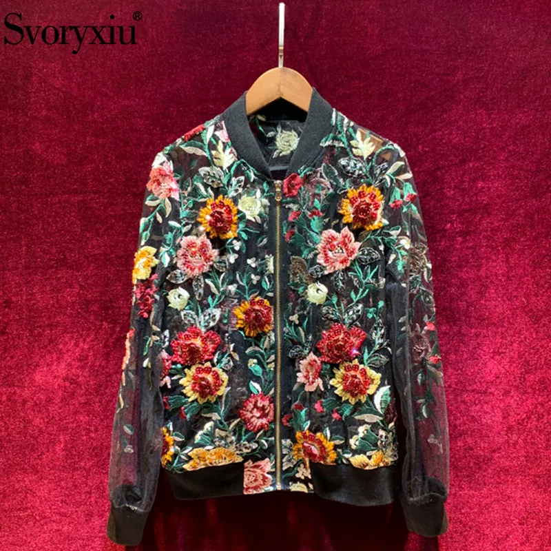 

Svoryxiu Designer High End Autumn Thin Jackets Outwear Women's Beading Embroidery Sexy Black Mesh Transparent Jackets Coat