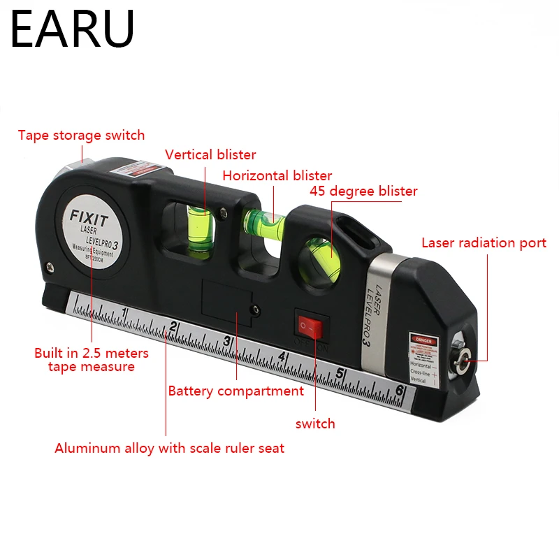Лазерный уровень Горизонт Вертикальная мера 8 футов выравниватель Стандартные метрические линейки многоцелевой измерительный нивелир черная лента выравниватель пузырьки