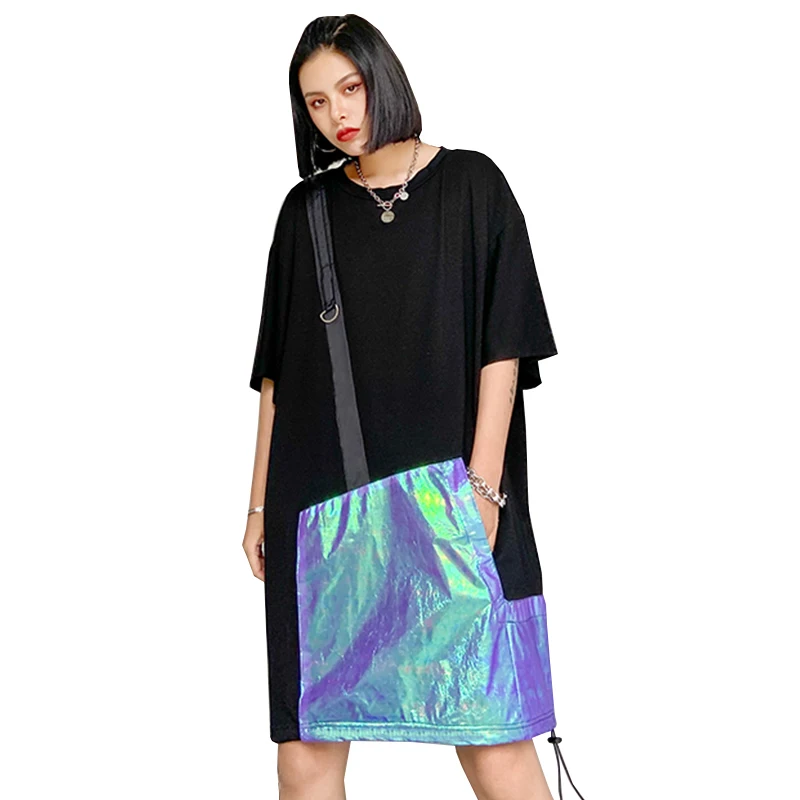 

Summer Short Sleeve Tshirt Women Oversized Patchwork Black Long Tee Shirts Chic Fashion Boyfriend Pockets Tops Female Streetwear