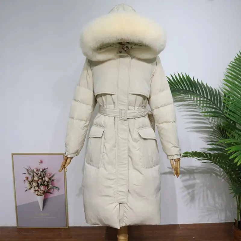 Fitaylor, новинка, большой пуховик с натуральным мехом, длинная куртка,, зимнее женское плотное теплое пальто, белый утиный пух, водонепроницаемая куртка - Цвет: Бежевый