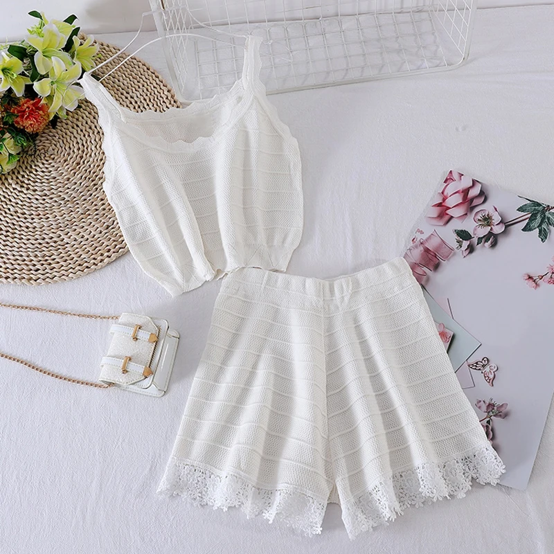 

New White Two Piece Set Women Knitted Tracksuit Sleeveless Camisole Crop Top + Wide Leg Lace Shorts Sexy 2 Piece Sets Outfits