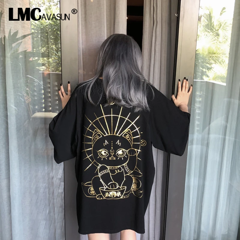 Футболки Harajuku Для женщин Свободные Забавный Lucky Cat Печатные хлопок летний футболки эстетическое уличная большеразмерная футболка принтовые тройники