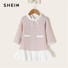 SHEIN/элегантное клетчатое платье для маленьких девочек с оборкой на шее; г. Осеннее плиссированное платье с длинными рукавами и заниженной талией и бантом спереди