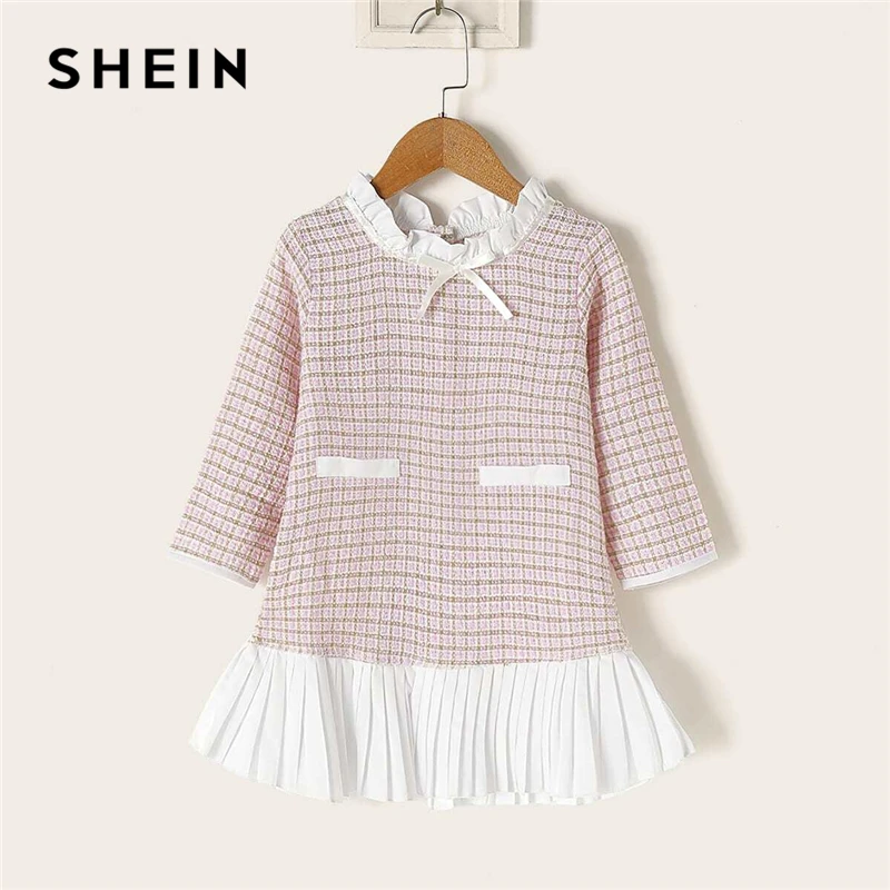 

SHEIN Kiddie Toddler Girls Frill Neck Plaid Preppy Dress Kids 2019 Autumn Long Sleeve Drop Waist Bow Front Pleated Hem Dresses