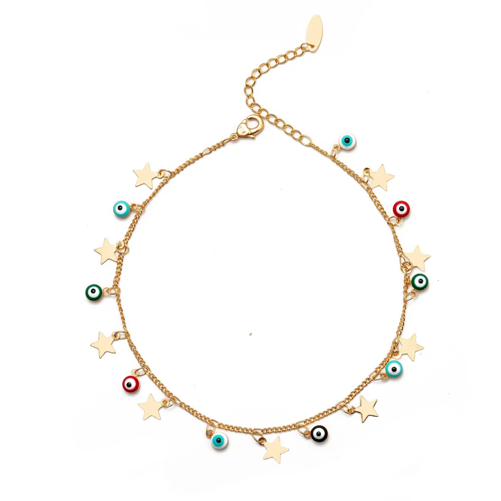 Золотой цвет Lucky Eye Star Evil Eye очаровательный ножной браслет золотого цвета ножная цепочка браслет с кисточками на лодыжке Регулируемая Мода Бижутерия для ног для женщин EY6502 - Окраска металла: Золотой цвет