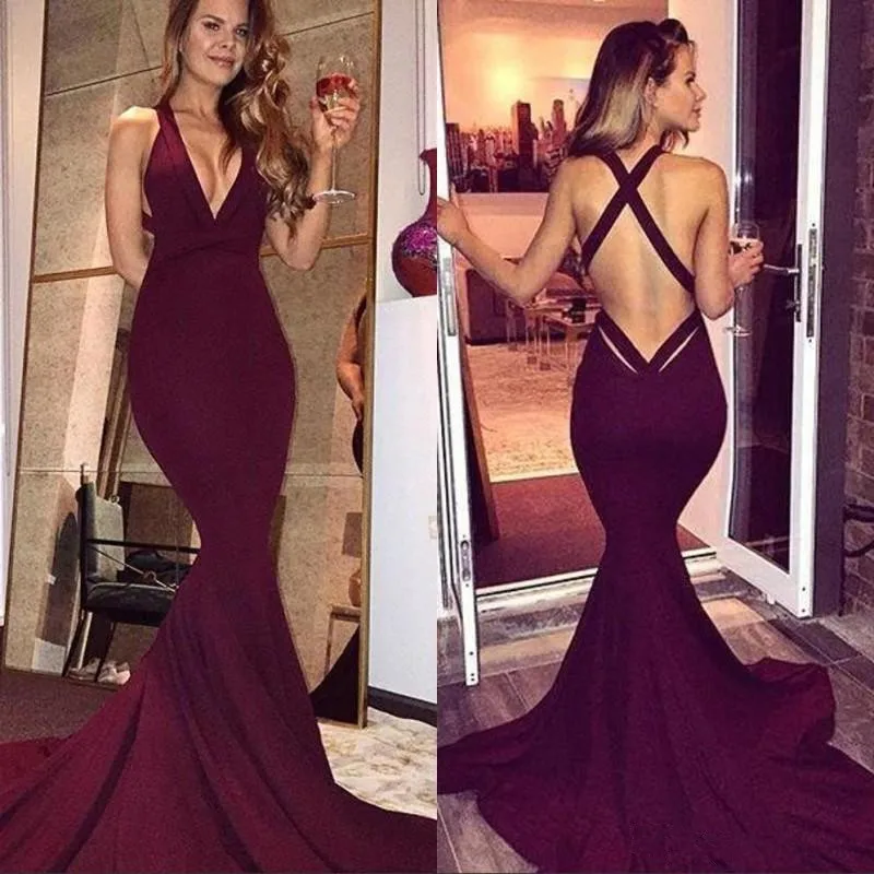 

Simple Burgundy Prom Dresses 2020 Sexy Mermaid Backless Sleeveless Sweep Train Long Party Dresses Evening Gowns Formal Wear