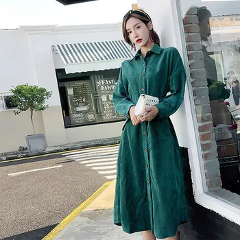 

Autumn Corduroy Vintage Long Women's Coat Green Belt Office Lady Coats Female Single Breasted Elegant Overcoat Women Dress