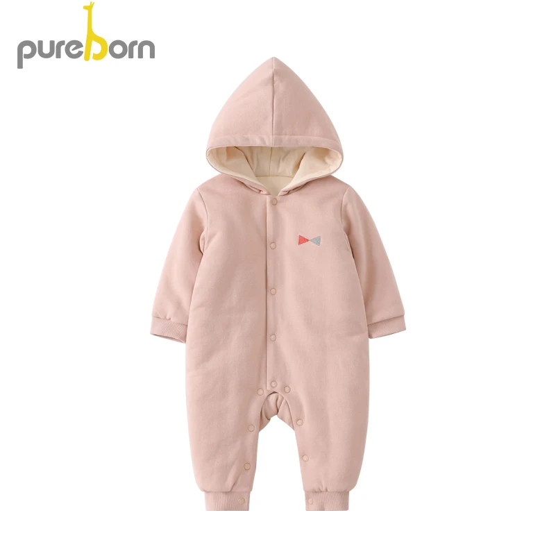 Pureborn/зимняя одежда для новорожденных; Детский комбинезон с капюшоном и рисунком медведя из мультфильма; Стеганый Комбинезон с хлопковой подкладкой для маленьких мальчиков и девочек - Цвет: pink