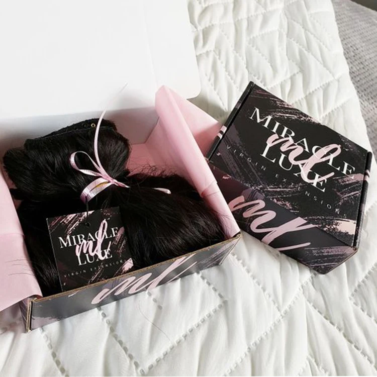 Customized Private Label Blond Braid Weave Hair Extension Gift Packaging Drawer Brown Kraft Paper Box With Window For Wig 3
