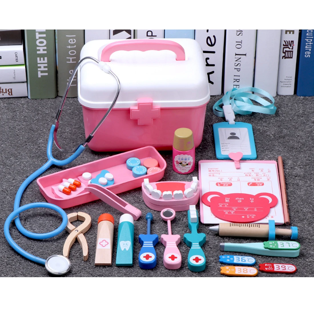 21 шт./компл. деревянный пазл для детей стоматолог ролевые игры Медицинские Комплект моделирования стетоскоп Детский Набор доктора, подарок для мальчиков и девочек-синий/розовый - Цвет: Pink