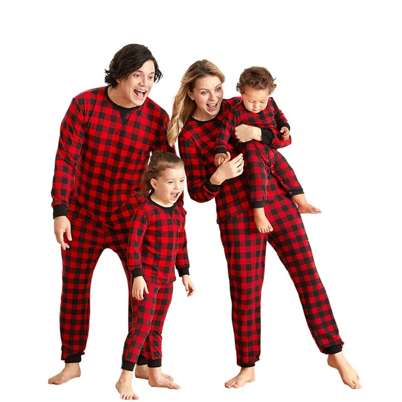 Christmas Matching Family Clothes Homewear Black And Red Plaids Leisure Pajamas For Mom, Dad, Kid, Baby Red XXL