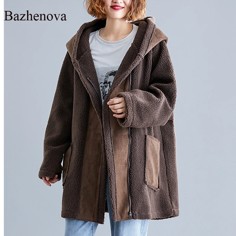 Bazhenova, Женское пальто с капюшоном, для девочек, теплое, свободное, из кусков, одноцветное, куртка, для женщин, зима, большие размеры, пальто, верхняя одежда, R212