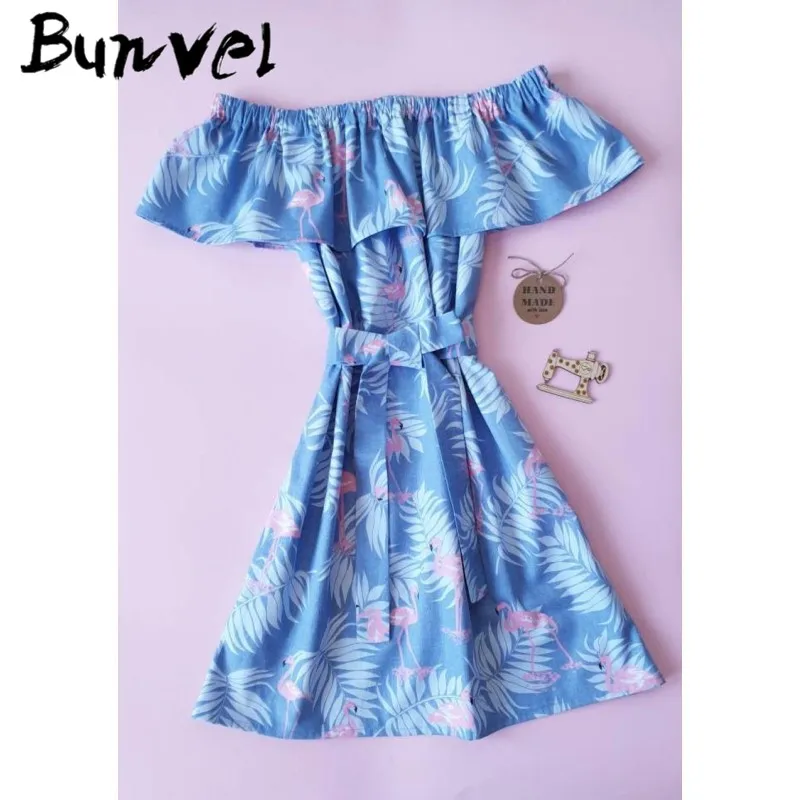 Bunvel/Одежда для мамы и меня; платья с вырезом-лодочкой; летнее платье с принтом в виде листьев в стиле бохо; Платья с цветочным принтом для мамы и дочки
