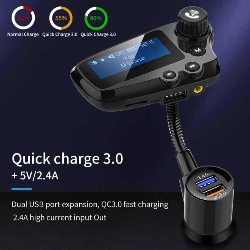 Bluetooth FM Transmitter Hands-Free Car Wireless Radio Adapter Kit QC3.0 Smart Dual USB Ports TF Card Mp3 Music Player
