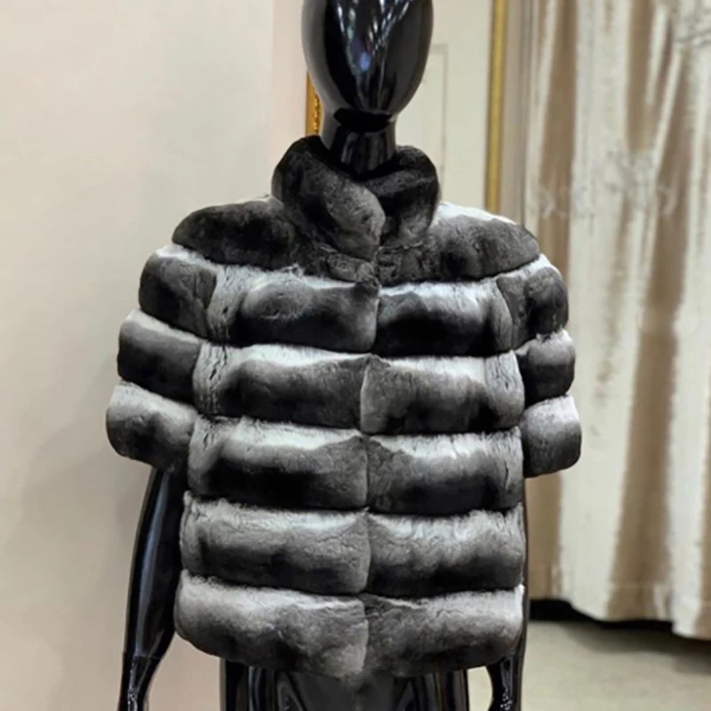 55cm long Новинка натуральный мех кролика рекс пальто зимнее теплое женское меховое короткое пальто Шиншилла одежда из кроличьего меха Половина рукава Женское пальто - Цвет: 55cm long