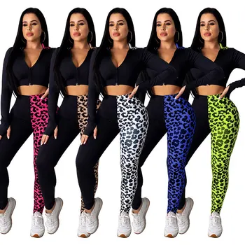 

Echoine Women's Two Piece Set Leopard Patchwork Hooded Tops Stacked Jogger Pants Suit Home Wear Tracksuit Fitness Active Outfits