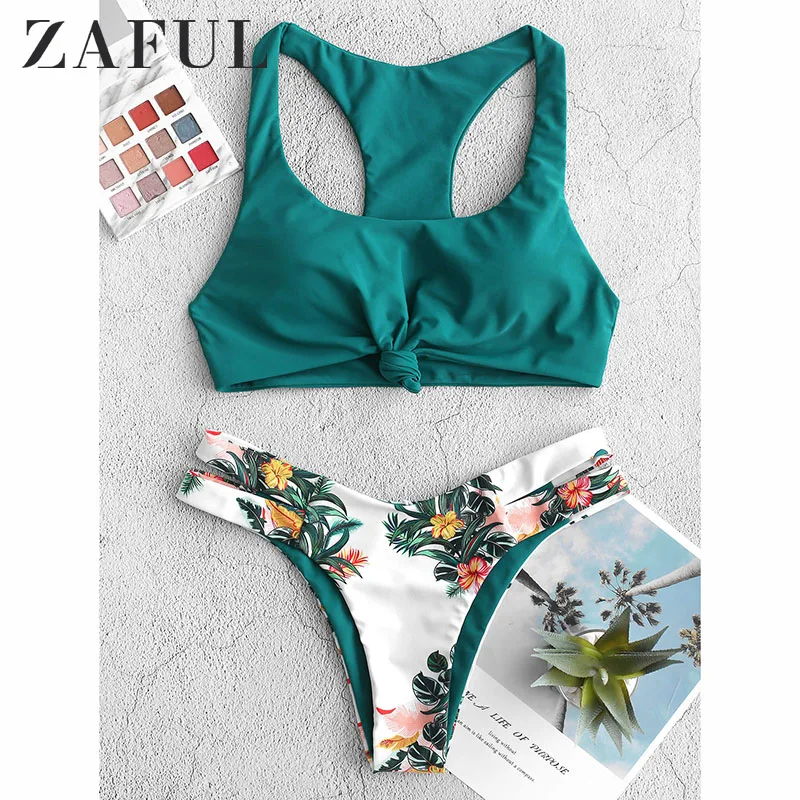  ZAFUL Plant Print Knot Cutout Racerback Bikini Swimsuit Wire Free Scoop Neck Removable Padded Racer
