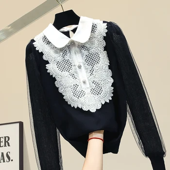

Knitted Blouse Women Autumn Winter Short Lace Lapel Collar Long-Sleeve Knit Shirt Pull Blusas Femme Nancylim White Black