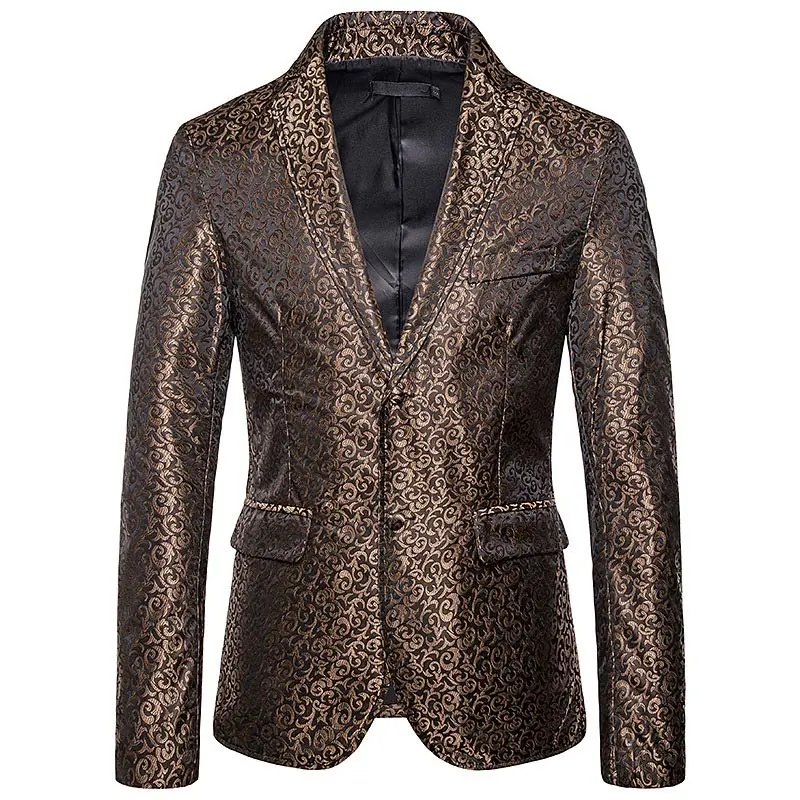coffee Мужской Роскошный Блейзер с пуговицами и цветочным принтом, модный костюм, Блейзер, большие размеры, Мужские Танцевальные сценические костюмы для свадебной вечеринки - Цвет: coffee