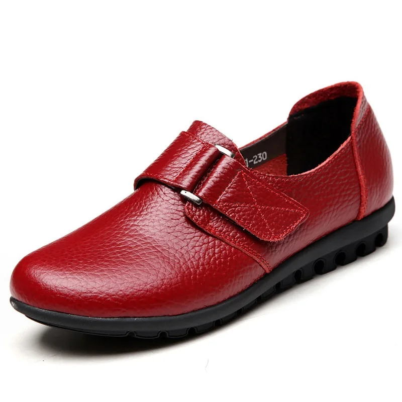 Genuine Leather Women Flat Shoes Comfortable Women Loafers Spring Oxfords Hook Loop Ladies Leather Shoe Large Size 35-43