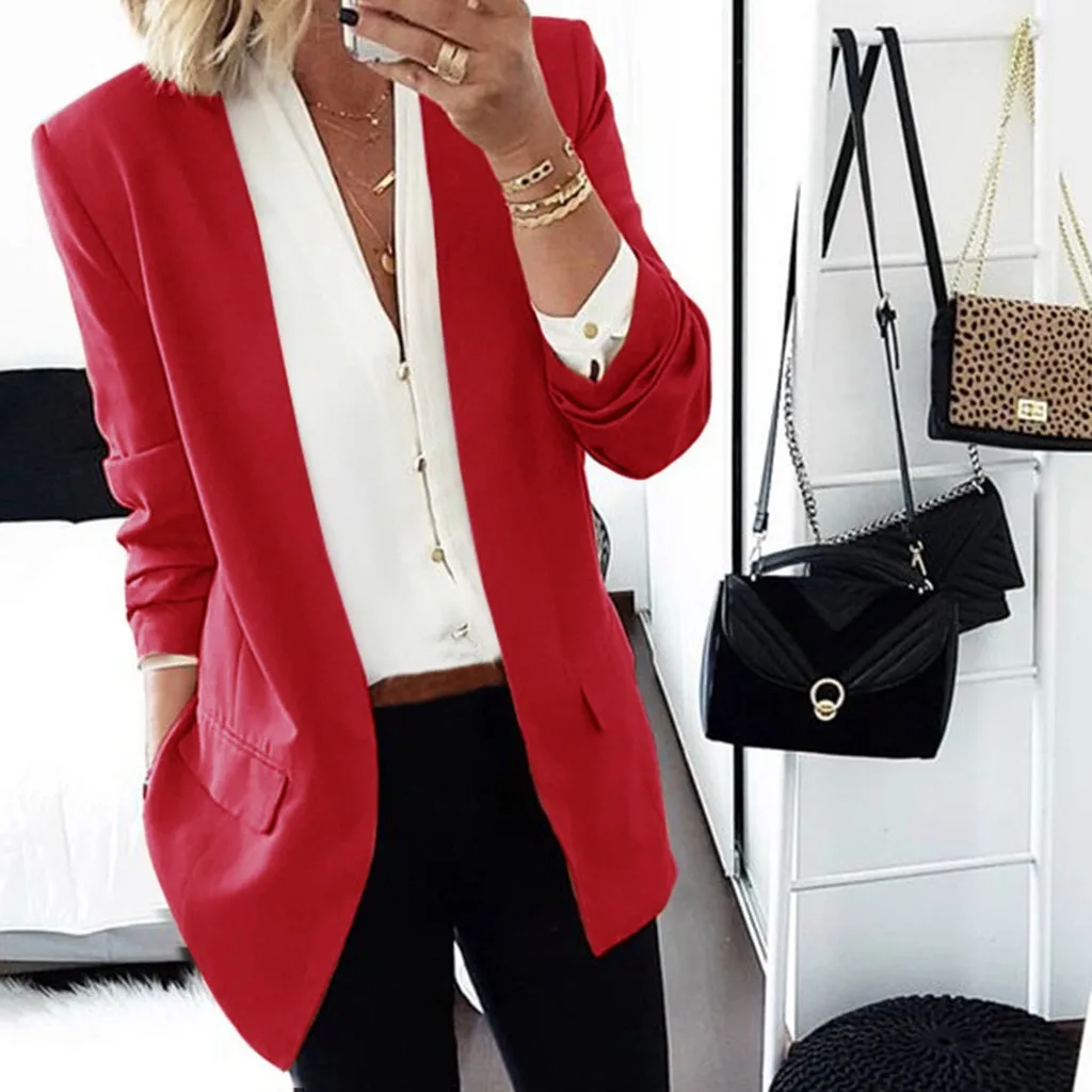 Модный женский повседневный костюм, жакет пиджак в деловом стиле, куртка с длинными рукавами, верхняя одежда, женский черный, розовый приталенный Блейзер, пальто#3 - Цвет: Wine Red