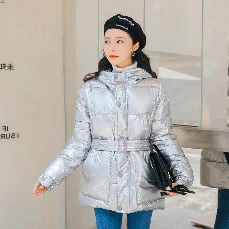

Bright Skin Lace-up Belt Cotton-padded Clothes Slim Fit Waist Hugging Mid-length Winter 2019 New Style Korean-style Hooded Cotto
