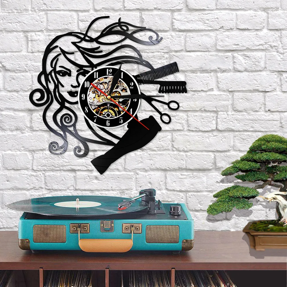 Beauty Salon Vinyl Record Wall Clock Hair Stylist Salon Barber Shop Handmade Wall Clock Hairdresser Gifts for Woman