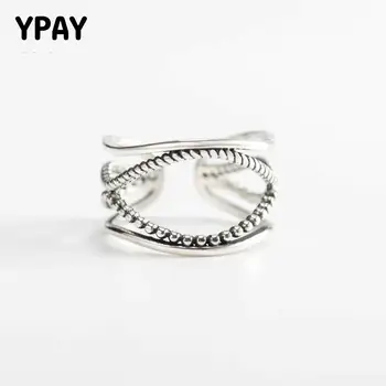 

YPAY Vintage Unique Design Open Cuff Adjustable Rings for Women Men Genuine 925 Sterling Silver Finger Ring Jewelry YMR360