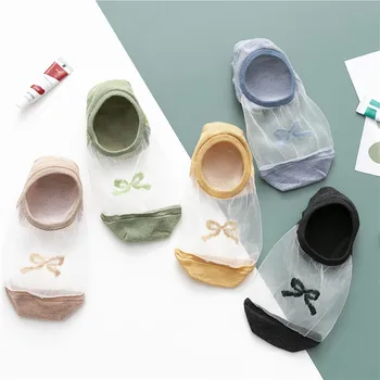 

SP&CITY Bow Embroidered Short Tulle Socks Women Summer Thin Transparent Boat Socks For Female Cute Hollow Out Ankle Socks Funny