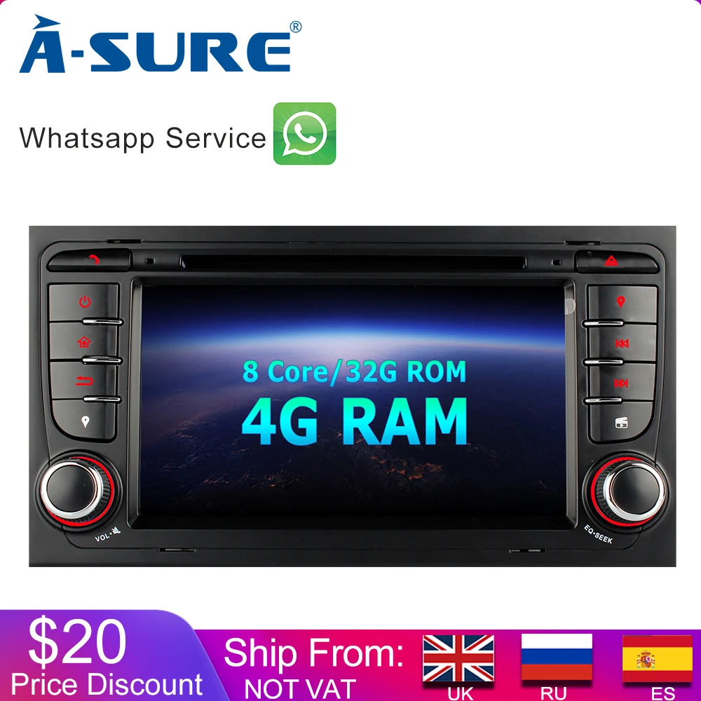 

A-Sure 2 Din 7'' 4G RAM 8 Core Android 9.0 Auto Radio DVD Player Navigation For Audi A4 S4 RS4 8E 8F B9 B7 SEAT EXEO (2002-2012)