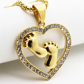 

Iced Out CZ Heart Pendant & Chains Gold Color Stainless Steel Baby Footprint Necklace For Women Mon Romantic Cute Jewelry Gift