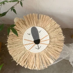 Pendentif mural suspendu Animal de dessin animé tissé à la main, nordique, tissage de fil de coton, ornements de tête de Lion, décorations de chambre d'enfants 