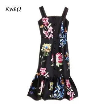 

Runway 2020 Summer New Fashion Women Vintage Elegant Black Strap Fishtail Print Midi Dress Tide High Quality Sexy Party Clo