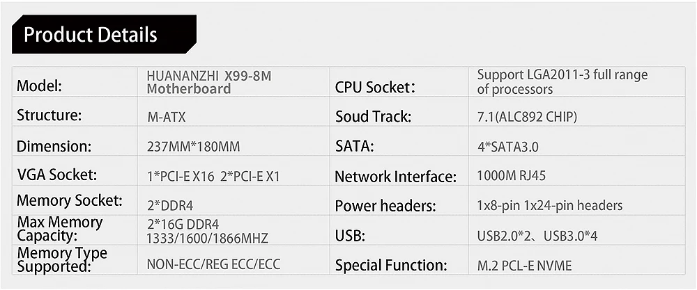 Huanan Zhi X99-8M игровой материнской платы для Intel X99 LGA 2011-3 DDR4 ECC память 32GB M.2 USB3.0 блок питания ATX LGA2011-3 материнская плата