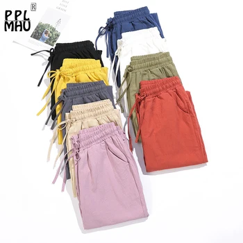 

Womens Spring Summer Pants Cotton Linen Solid Elastic waist Candy Colors Harem Trousers Soft high quality for Female ladys S-XXL