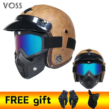 

Free Shipping Latest Retro Open Face Motorcycle Helmet PU Leather 3/4 Chopper Bicycle Helmet Capacete with Goggles Mask DOT