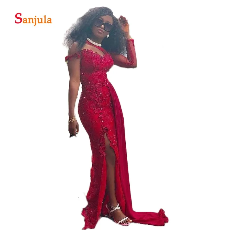 

Sheer Tulle Long Sleeve Prom Dresses Long Sweetheart Sheath Red Lace Appliques Formal Party Dress with Leg Slit Prom Gowns D1306