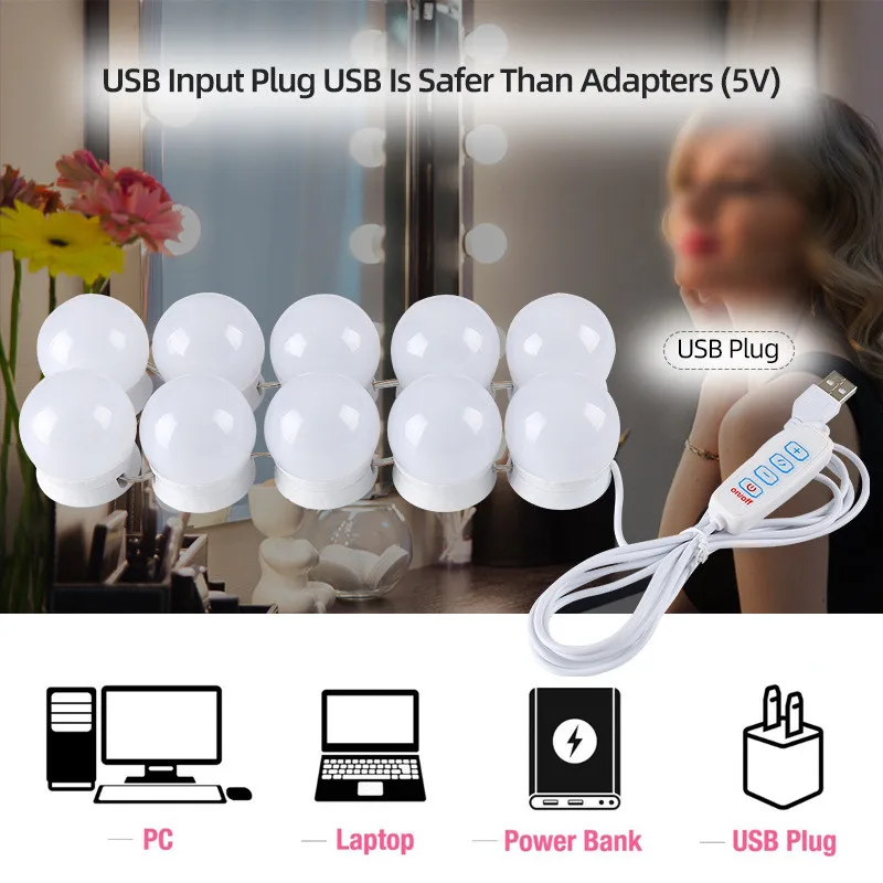 Professional 14PCS Detachable Bulbs Three Colors LED Makeup Mirror Light USB Cosmetic Mirror Dressing Table Vanity Lights 20#12