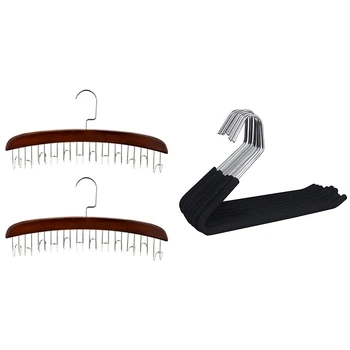 

1 Pcs Wood 12 Hook Hanger Storage Rack Tie Silk Scarf & 10 Pcs 2 Shape Trouser Hangers Slide Chrome Trouser Hangers