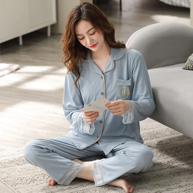 

New Spring and Autumn Knitted Cotton Pajamas Set Pijamas Long Sleeve Cardigan Sleepwear M-4XL Female Homewear Clothing