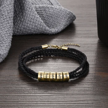 

Personalized Mens Black Braid Rope Bracelets with Custom Engraved 2-5 Names Gold Beads Adjustable ID Bracelet Wristband